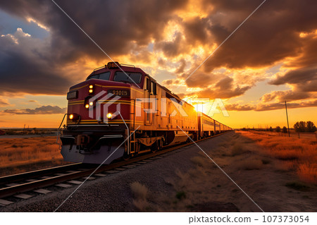 long-distance passenger train is traveling at speed in the rays of setting sun long-distance passenger train is traveling at speed in the rays of setting sun 107373054