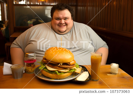 fat man with a huge belly is sitting at a table in a cafe with a huge hamburger fat man with a huge belly is sitting at a table in a cafe with a huge hamburger 107373063