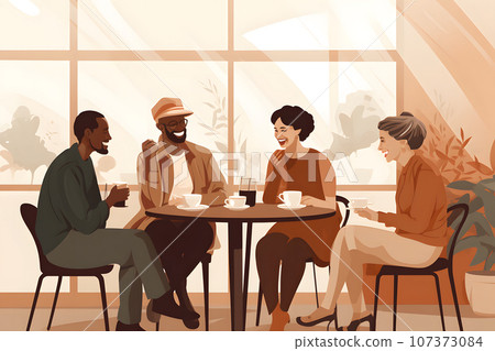positive multiracial people in a cafe at a table drinking coffee and having fun 107373084