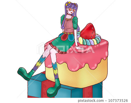 Present, cake and girl white background Present, cake and girl white background 107373526