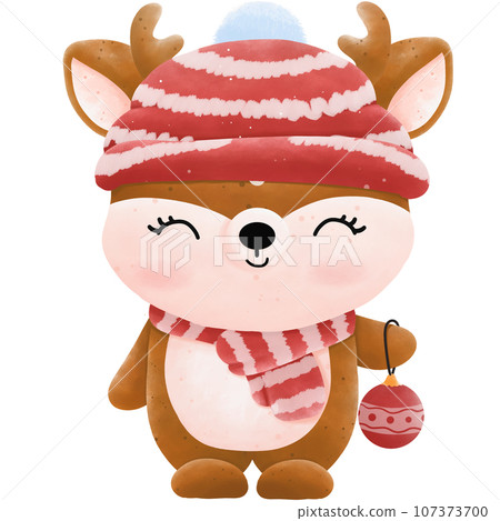 Adorable Christmas Deer , watercolor illustration, cute woodland animal with scarf, hat,  and gifbox 107373700