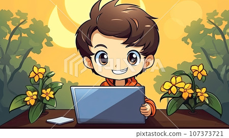 Child boy sitting at a computer. Promote awareness of cybersecurity, online safety for kids. STEM Education: connection to Science, Technology, Engineering, and Mathematics education 107373721