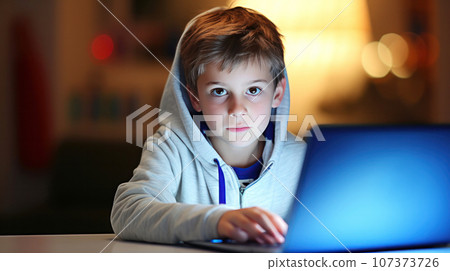 Boy sitting at computer, looking into camera. Promote awareness of cybersecurity, kids online safety. Computer Cyber Security Day. Technology Learning opportunities. Digital Literacy from young age Boy sitting at computer, looking into camera. Promote awareness of cybersecurity, kids online safety. Computer Cyber Security Day. Technology Learning opportunities. Digital Literacy from young age 107373726