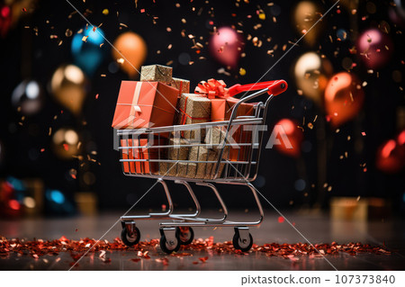 Shopping cart with gift boxes Shopping cart with gift boxes 107373840