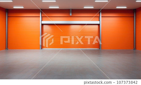 Closed orange roller shutters Closed orange roller shutters 107373842