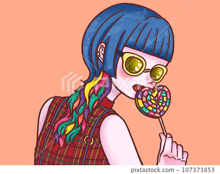 Cool girl eating candy, vermilion background Cool girl eating candy, vermilion background 107373853