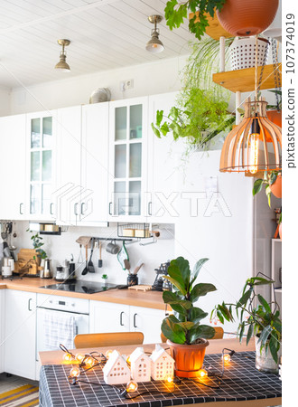 Light white modern rustic kitchen decorated with potted plants, loft-style kitchen utensils. Interior of a house with homeplants Light white modern rustic kitchen decorated with potted plants, loft-style kitchen utensils. Interior of a house with homeplants 107374019
