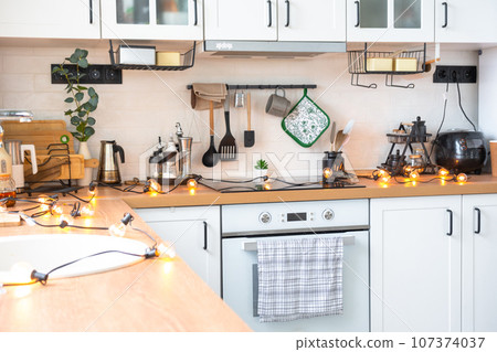 Light white modern rustic kitchen decorated with potted plants, loft-style kitchen utensils. Interior of a house with homeplants 107374037