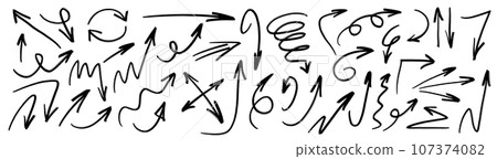 Charcoal hand drawn pencil arrows. Doodle curved chalk darts. Texture design elements of scribble lines. Vector illustration of hand painted crayon check lines. Charcoal hand drawn pencil arrows. Doodle curved chalk darts. Texture design elements of scribble lines. Vector illustration of hand painted crayon check lines. 107374082