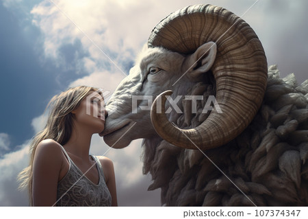 Image of beautiful woman and bighorn ram expressing friendship. Animal. Illustration, Generative AI. Image of beautiful woman and bighorn ram expressing friendship. Animal. Illustration, Generative AI. 107374347