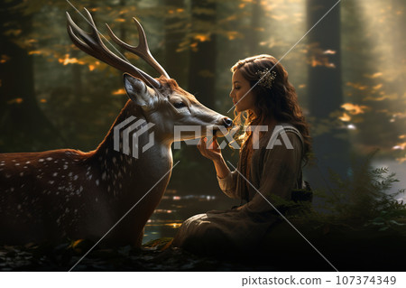 Image of beautiful woman and deer expressing friendship in the forest. Animal. Illustration, Generative AI. Image of beautiful woman and deer expressing friendship in the forest. Animal. Illustration, Generative AI. 107374349
