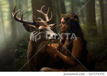 Image of beautiful woman and deer expressing friendship in the forest. Animal. Illustration, Generative AI. 107374350