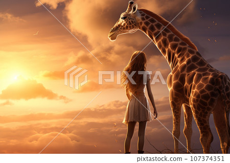 Image of beautiful woman and big giraffe expressing friendship. Animal. Illustration, Generative AI. Image of beautiful woman and big giraffe expressing friendship. Animal. Illustration, Generative AI. 107374351