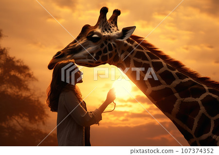 Image of beautiful woman and big giraffe expressing friendship. Animal. Illustration, Generative AI. Image of beautiful woman and big giraffe expressing friendship. Animal. Illustration, Generative AI. 107374352