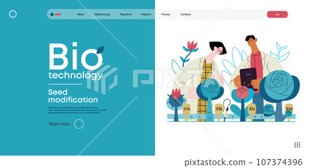 Bio Technology, Seed Modification -modern flat vector concept illustration of scientists analysing genetic modificated variants of a plant. Metaphor of direct impact of GMO on vegetation 107374396