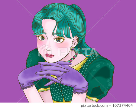 Girl staring at this, purple background 107374404