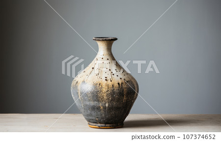A small vase in the style of wabi sabi on a wooden table against a gray wall. AI Generative 107374652