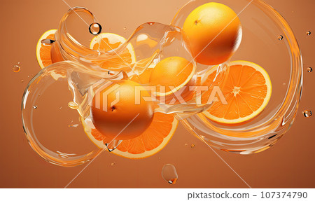 Vibrant oranges submerged in clear water with effervescent bubbles. Created by AI 107374790
