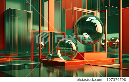 Vibrant, abstract room featuring bold colors and glassmorphism spheres. Created by AI 107374798