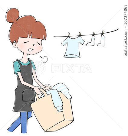 一位家庭主婦一邊嘆氣一邊晾衣服的插圖 一位家庭主婦一邊嘆氣一邊晾衣服的插圖 107374865