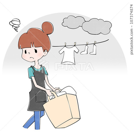 Illustration of a housewife hanging laundry 107374874