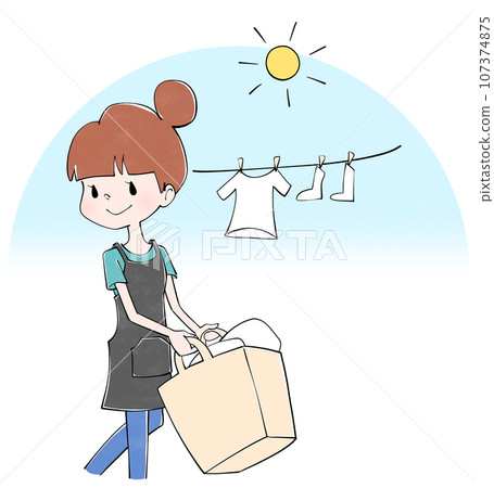 Illustration of a housewife hanging laundry Illustration of a housewife hanging laundry 107374875