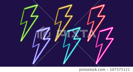 set geometric lightning bolt figure glowing desktop icon, neon bolt sticker, neon figure, glowing figure, neon geometrical figures  107375121