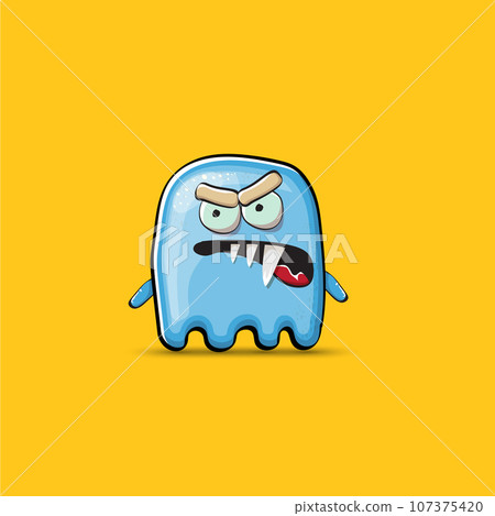 Funny cute smiling blue ghost monster isolated on orange background. Ghost cartoon character and cute emoji. Halloween spirit element. 107375420