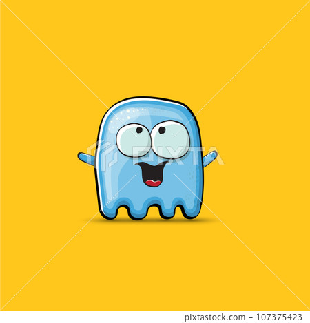 Funny cute smiling blue ghost monster isolated on orange background. Ghost cartoon character and cute emoji. Halloween spirit element. 107375423