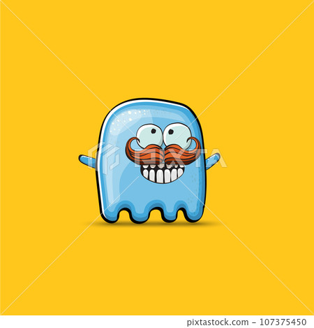 Funny cute smiling blue ghost monster isolated on orange background. Ghost cartoon character and cute emoji. Halloween spirit element. Funny cute smiling blue ghost monster isolated on orange background. Ghost cartoon character and cute emoji. Halloween spirit element. 107375450