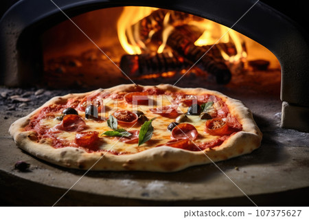Pizza is cooking in traditional wood burning oven. Generative AI 107375627