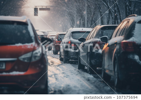 Car traffic on snowy slippery road at winter season. Generative AI Car traffic on snowy slippery road at winter season. Generative AI 107375694