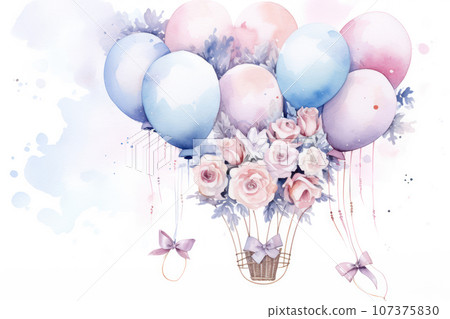baby stroller with flowers and balloons 107375830