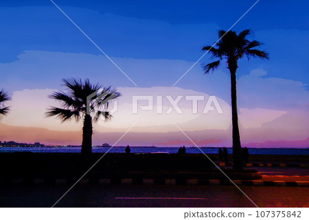 Amazing  blue view on embankment of Alexandria coastline and Palm trees and silhouettes of people in distance , bay and behind  Mediterranean Sea 107375842