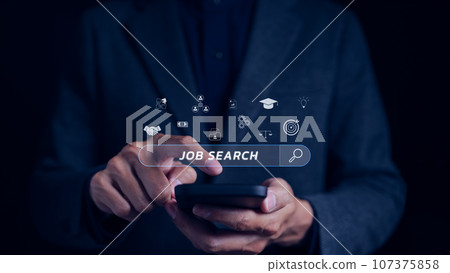 Job search concept. Businessman looking at online website by smartphone for find career. Unemployment, recruitment, job interview, Job search engine technology, occupation, employee, Job applicant, Job search concept. Businessman looking at online website by smartphone for find career. Unemployment, recruitment, job interview, Job search engine technology, occupation, employee, Job applicant, 107375858