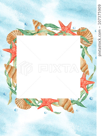 Sea card template with sea square frame, seaweeds, seashells, red starfish and water bubbles, blue watercolor splashes. Marine design. Hand drawn watercolor illustration. For save the date, greeting Sea card template with sea square frame, seaweeds, seashells, red starfish and water bubbles, blue watercolor splashes. Marine design. Hand drawn watercolor illustration. For save the date, greeting 107375909