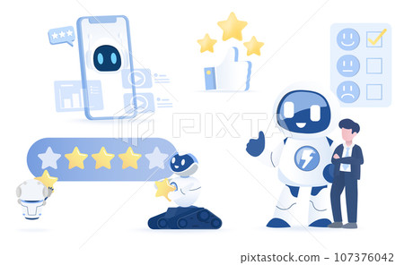Artificial Intelligence (AI) technology and customer satisfaction collection set. Positive feedback, review, star rating, online content, data analysis and suggestion. Flat vector design illustration. Artificial Intelligence (AI) technology and customer satisfaction collection set. Positive feedback, review, star rating, online content, data analysis and suggestion. Flat vector design illustration. 107376042