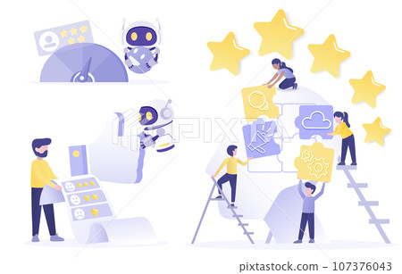 Artificial Intelligence (AI) technology and customer satisfaction collection set. Customer review, feedback, loyalty program, strategy plan, positive and negative thinking. Flat vector illustration. Artificial Intelligence (AI) technology and customer satisfaction collection set. Customer review, feedback, loyalty program, strategy plan, positive and negative thinking. Flat vector illustration. 107376043