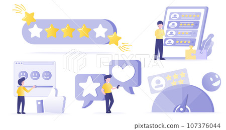 Customer satisfaction and respond collection set. Customer review, feedback, loyalty program, star rating, questionnaire, opinion, positive and negative thinking. Flat vector design illustration. Customer satisfaction and respond collection set. Customer review, feedback, loyalty program, star rating, questionnaire, opinion, positive and negative thinking. Flat vector design illustration. 107376044