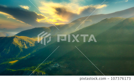 drone view of the mountains, the mountain lake town of Scanno, Abruzzo, Italy drone view of the mountains, the mountain lake town of Scanno, Abruzzo, Italy 107376173