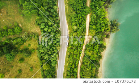 drone view of San Domenico mountain lake, Abruzzo, Italy 107376178