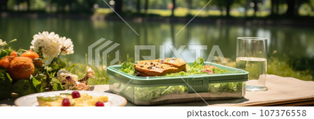 Lunchbox against the backdrop of the park Lunchbox against the backdrop of the park 107376558