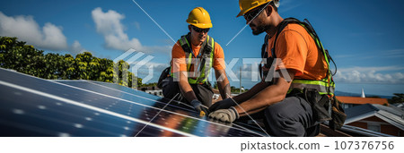 Workers install solar panels 107376756