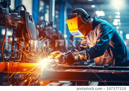 Industrial welder worker is welding in factory close-up Industrial welder worker is welding in factory close-up 107377328