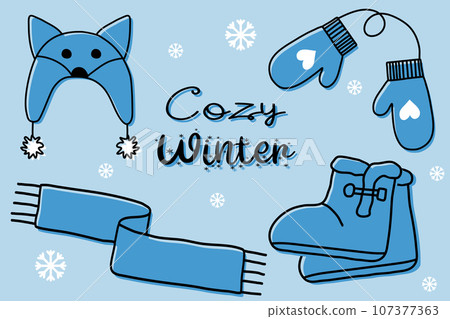 Set of warm winter accessory, cute hat, boots with fur, scarf and mittens, flat style vector Set of warm winter accessory, cute hat, boots with fur, scarf and mittens, flat style vector 107377363