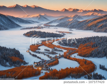 Autumn Scenery with quiet atmosphere of a Kashmir Valley, india. 107377420