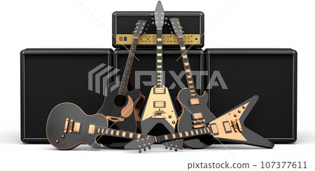 Set of electric acoustic guitar and amplifier on white background. Set of electric acoustic guitar and amplifier on white background. 107377611