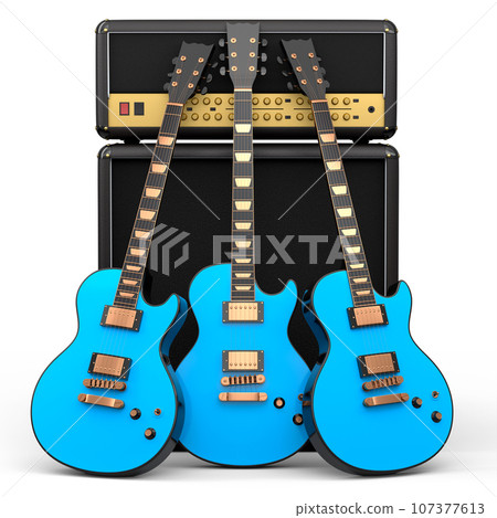 Set of electric acoustic guitar and amplifier on white background. Set of electric acoustic guitar and amplifier on white background. 107377613