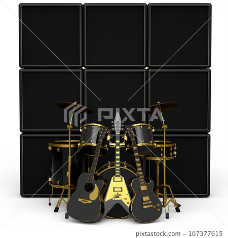 Set of realistic drums with metal cymbals, amplifier and acoustic guitars Set of realistic drums with metal cymbals, amplifier and acoustic guitars 107377615
