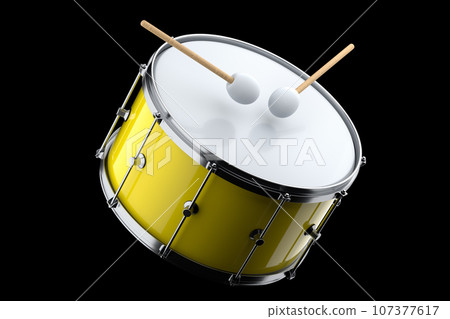 Realistic drum and wooden drum sticks on black. 3d render of musical instrument Realistic drum and wooden drum sticks on black. 3d render of musical instrument 107377617